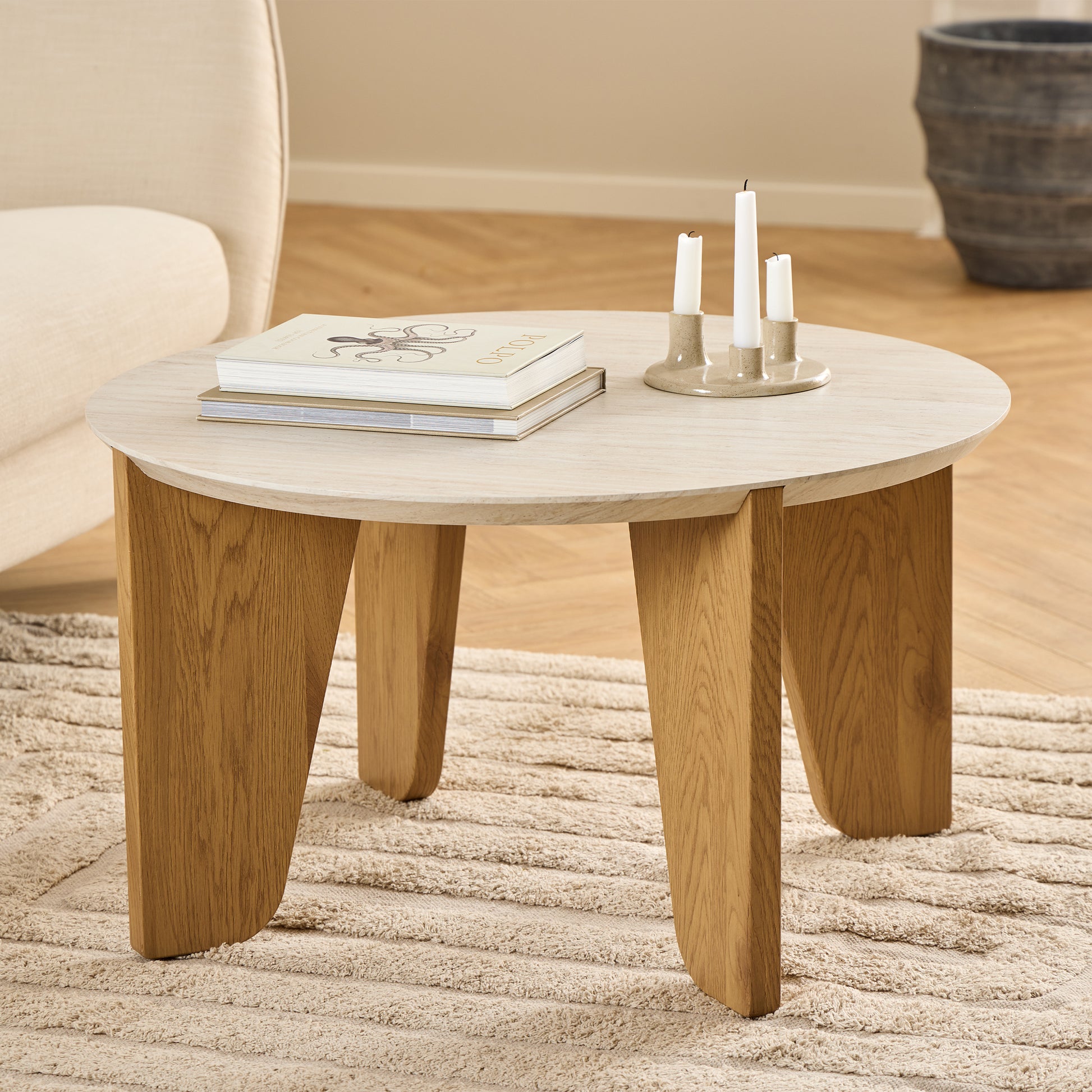 Litho coffee tables in travertine effect and wild oak with round shape and modern design for living rooms