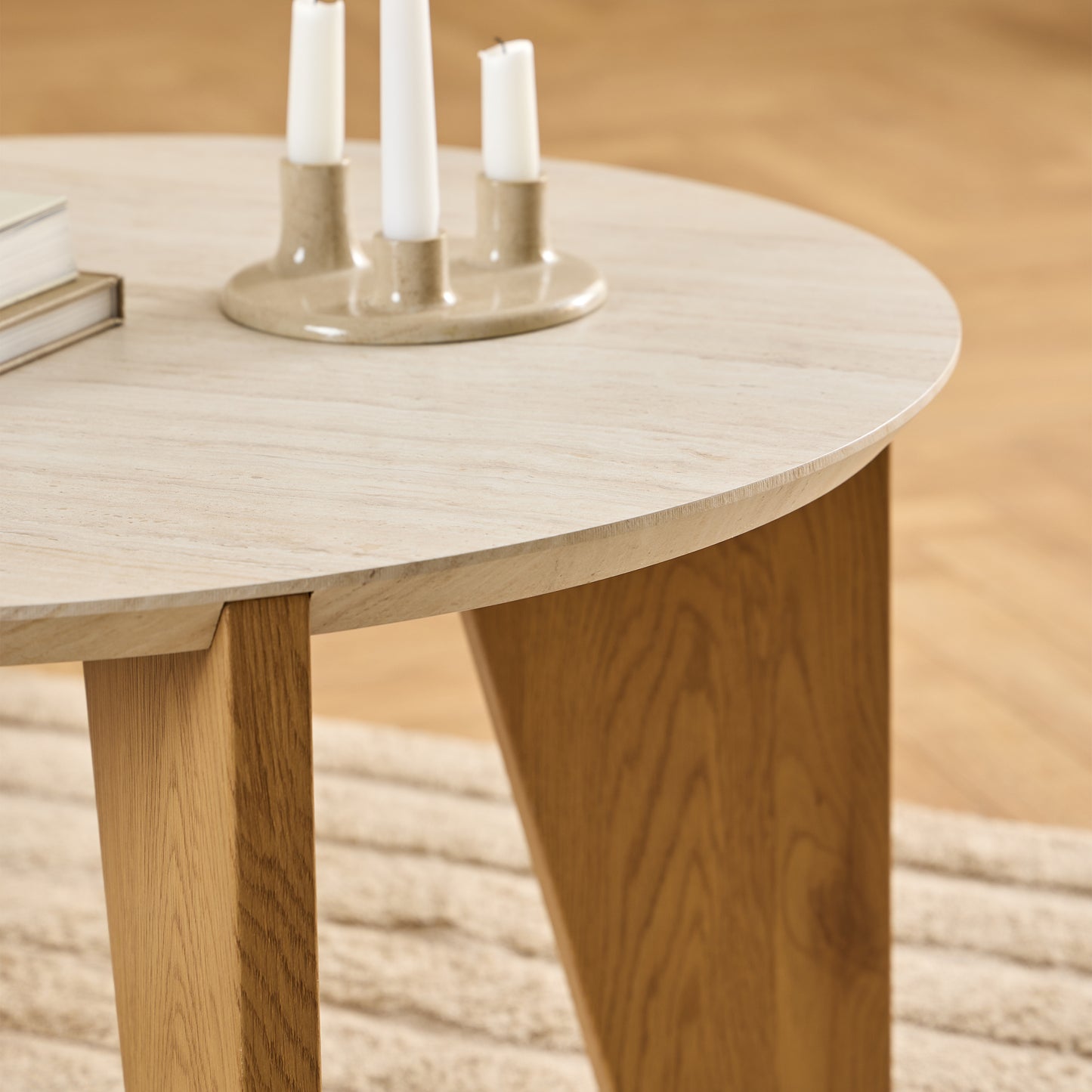 Litho coffee tables in travertine effect and wild oak with round shape and modern design for living rooms
