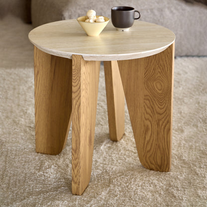 Litho side tables in travertine and wild oak with round shape and compact design for living rooms and bedrooms