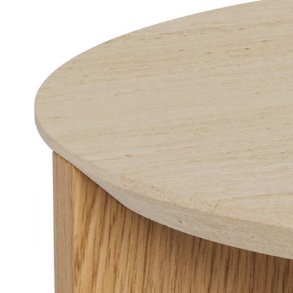 Litho side tables in travertine and wild oak with round shape and compact design for living rooms and bedrooms