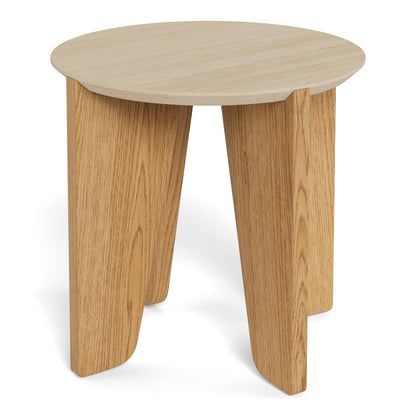 Litho side tables in travertine and wild oak with round shape and compact design for living rooms and bedrooms