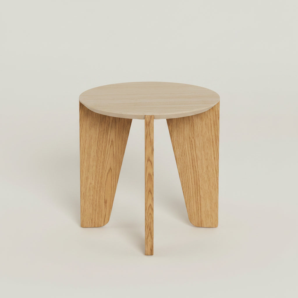 Litho side tables in travertine and wild oak with round shape and compact design for living rooms and bedrooms