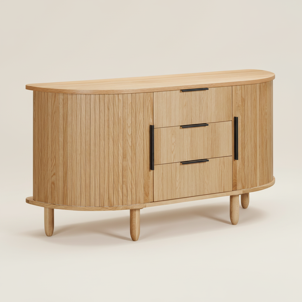 Curved Oak sideboard with three drawers and slated tambour doors