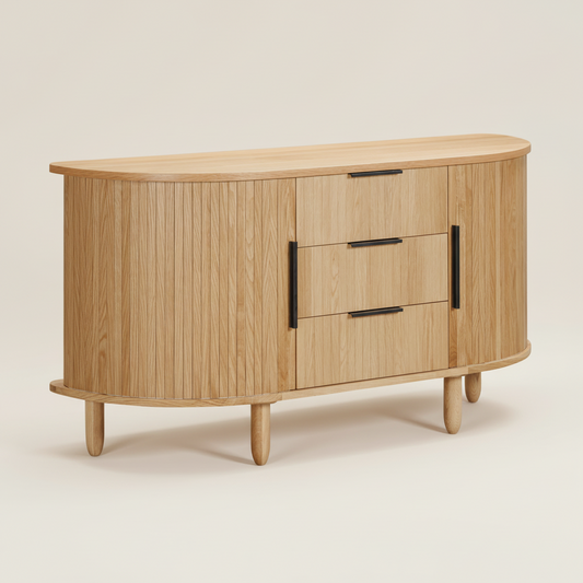 Curved Oak sideboard with three drawers and slated tambour doors