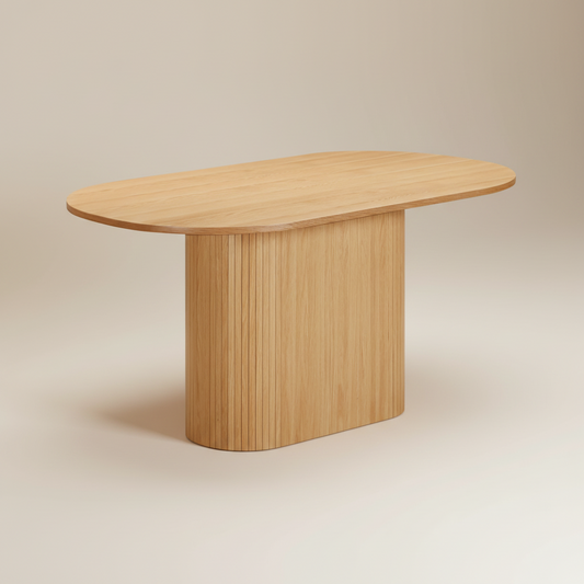 Oval Natural Oak veneer dining table with pillar base