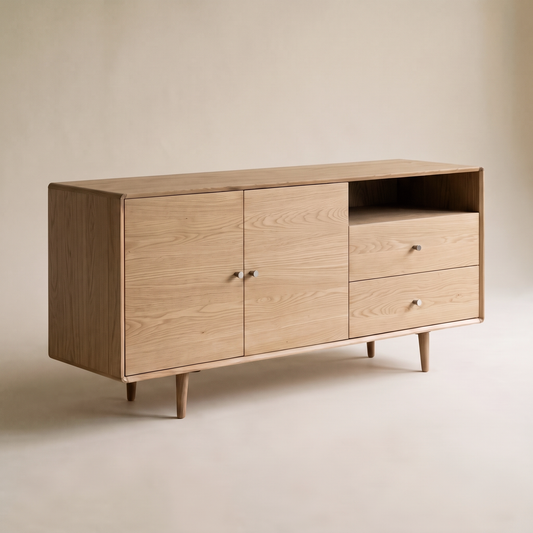 Rowan Large Oak Sideboard in a minimalist studio setting, showcasing its modern wooden design and functional storage.
